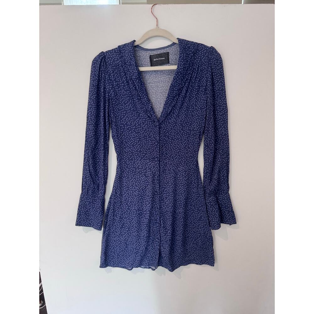 Reformation Martha Mini Dress Blue Hyacinth Ditsy Floral Long Sleeve V-Neck 2 - Picture 2 of 12